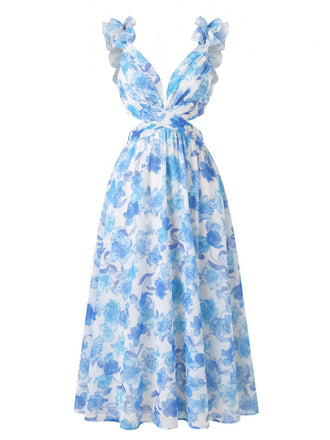 Robe Longue Bleue Florale Bretelles Volants Années 1950
