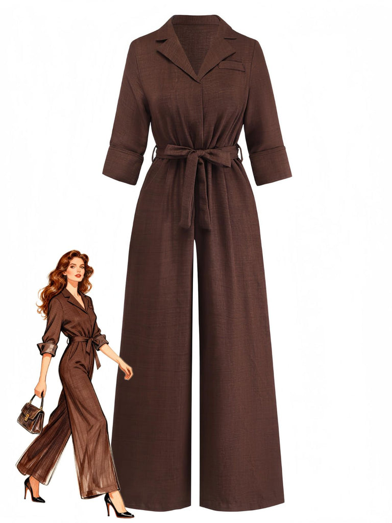 Combinaison Dark Café Revers Col Ceinturé Jambes Larges Années 1950