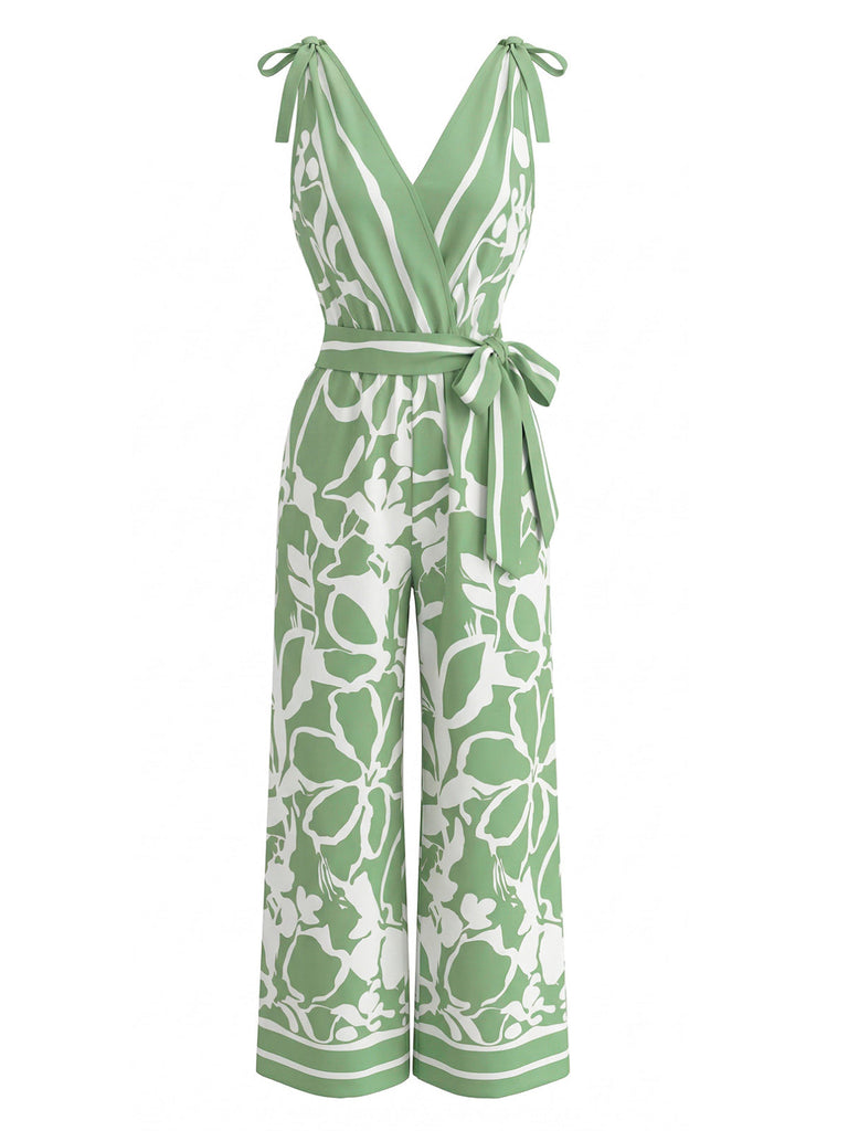 Floral Col V Sans Manches Jambes Larges Combinaison Années 1970 4