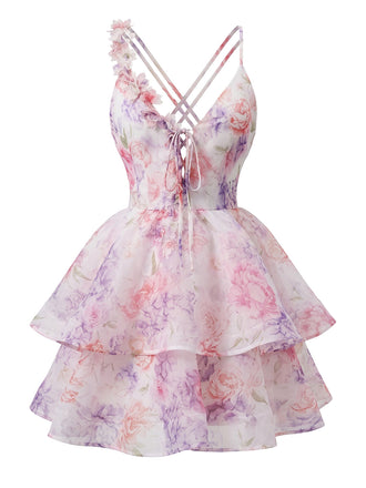 Mini Robe Rose à Décolleté Plongeant Fleurs 3D à Volants et Dos Nu Années '60 2