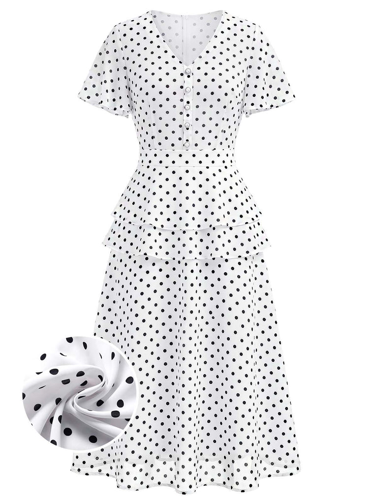 [Prévente] Robe Ligne A Boutonnée à Volants Col en V à Pois Blanc années 40