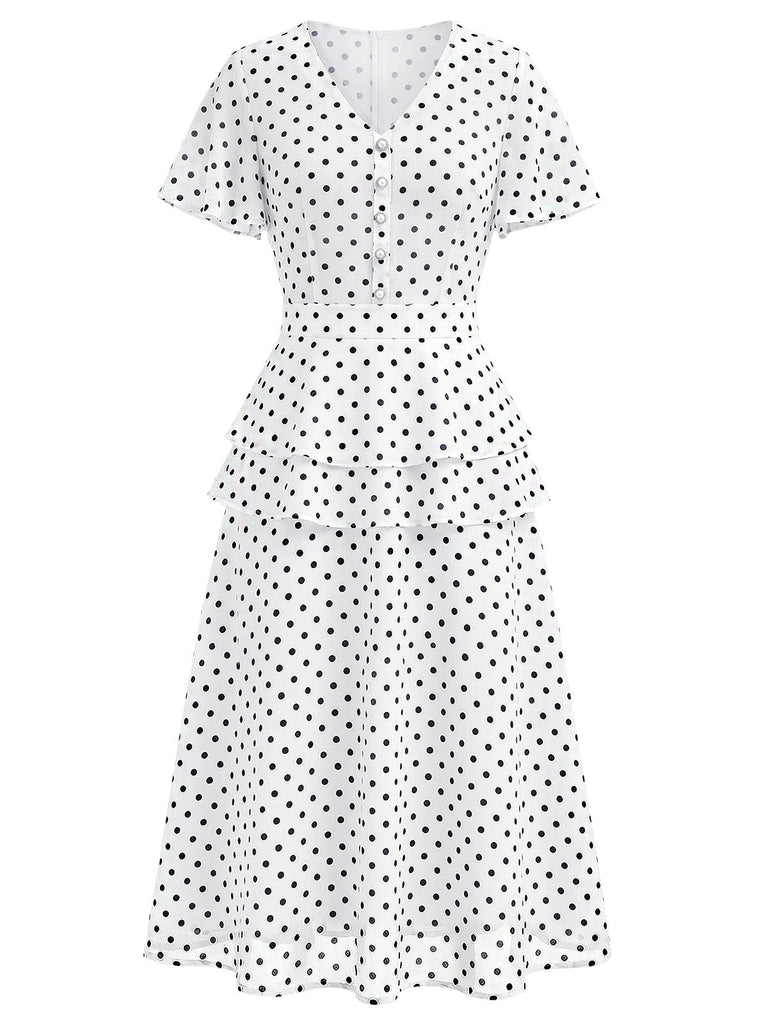 [Prévente] Robe Ligne A Boutonnée à Volants Col en V à Pois Blanc années 40 2