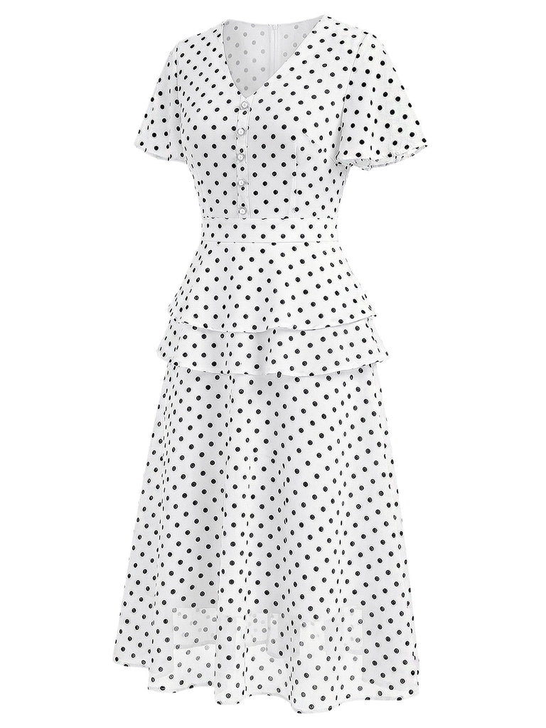 [Prévente] Robe Ligne A Boutonnée à Volants Col en V à Pois Blanc années 40 3