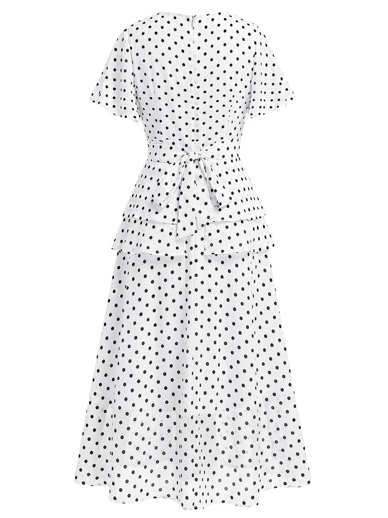 [Prévente] Robe Ligne A Boutonnée à Volants Col en V à Pois Blanc années 40 4