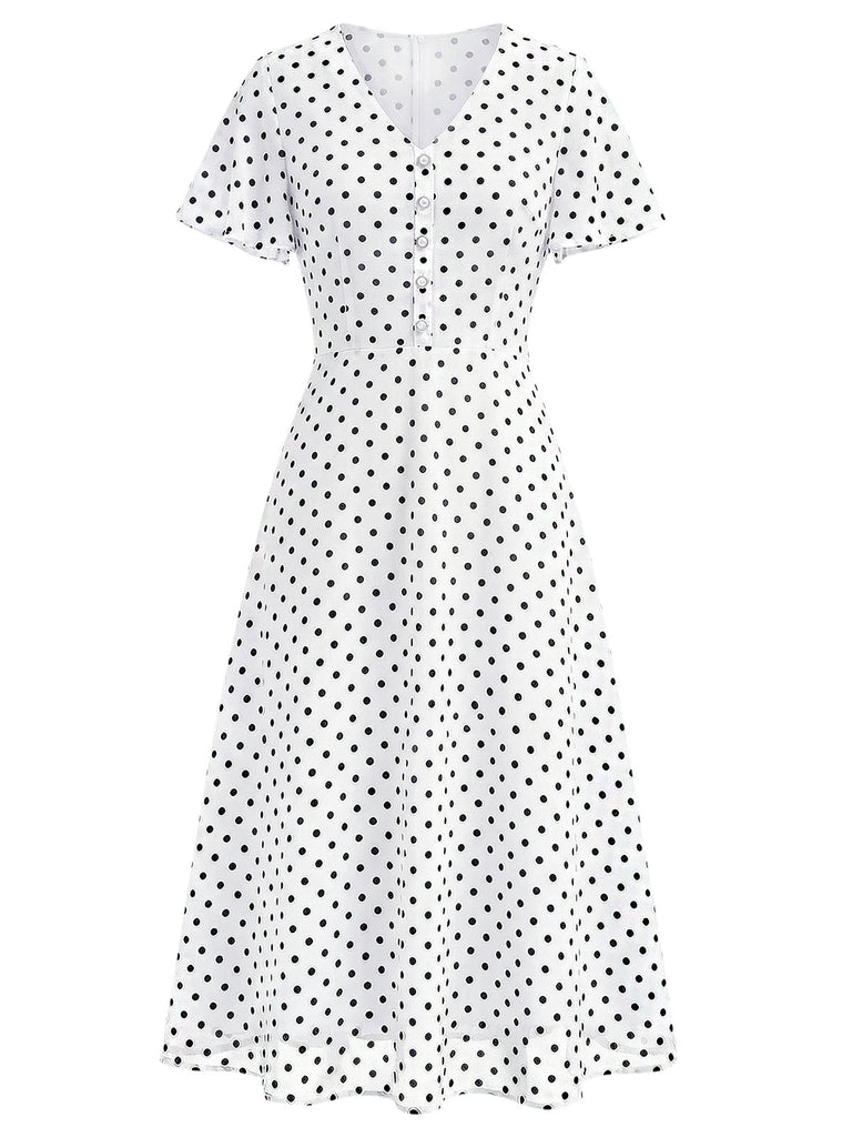 [Prévente] Robe Ligne A Boutonnée à Volants Col en V à Pois Blanc années 40 5