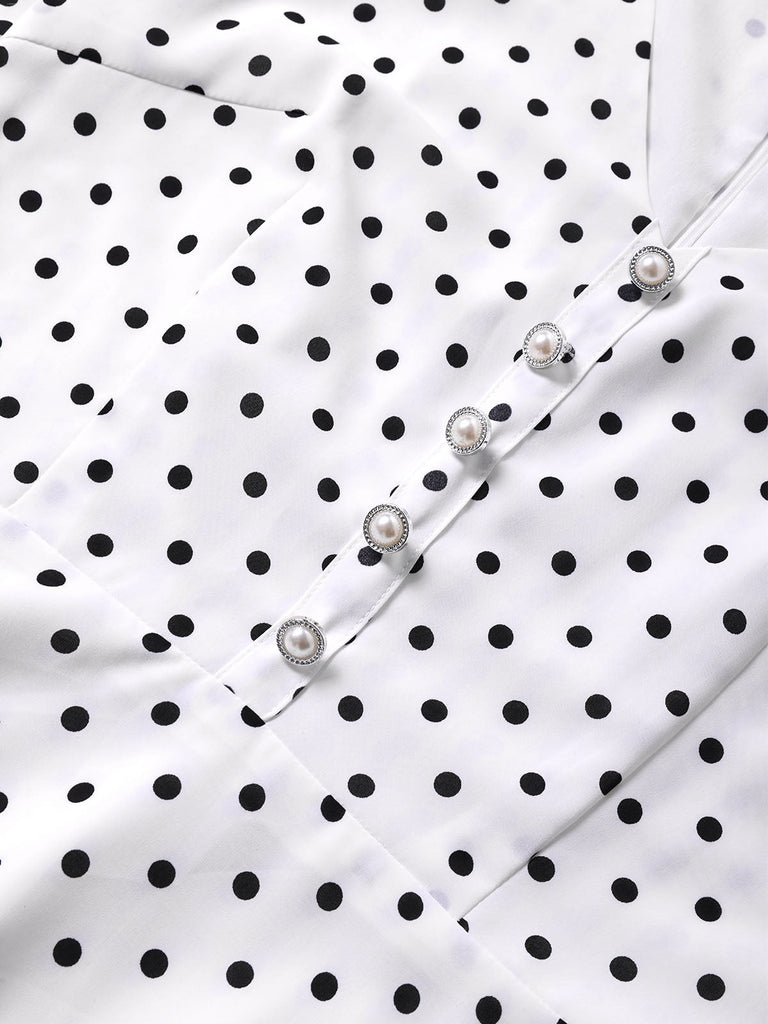 [Prévente] Robe Ligne A Boutonnée à Volants Col en V à Pois Blanc années 40 7