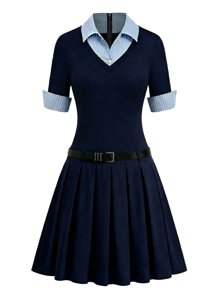 [Prévente] Robe Rayé Patchwork Tricoté Plissé Bleu Années 1960
