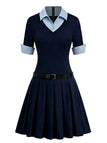 [Prévente] Robe Rayé Patchwork Tricoté Plissé Bleu Années 1960
