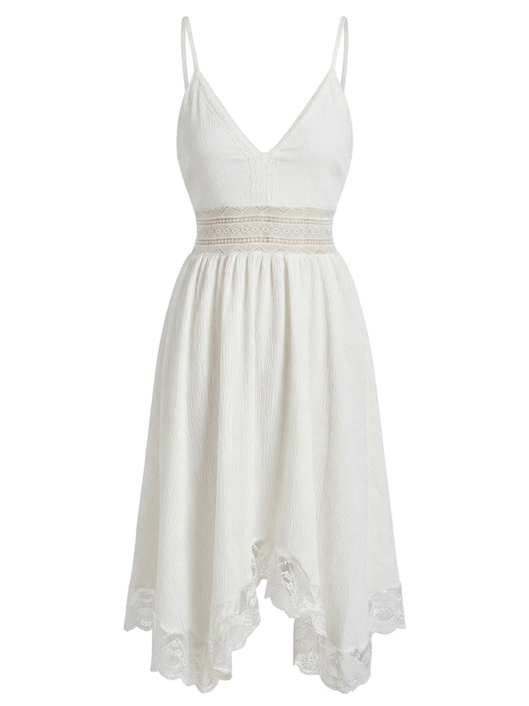 Robe à Bretelles Fines en Dentelle Années 1970