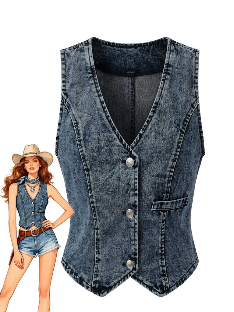 Haut bleu denim col V sans manches boutonné années 70