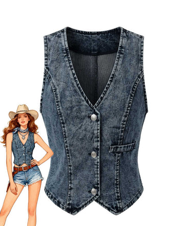 Haut bleu denim col V sans manches boutonné années 70