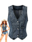 Haut bleu denim col V sans manches boutonné années 70