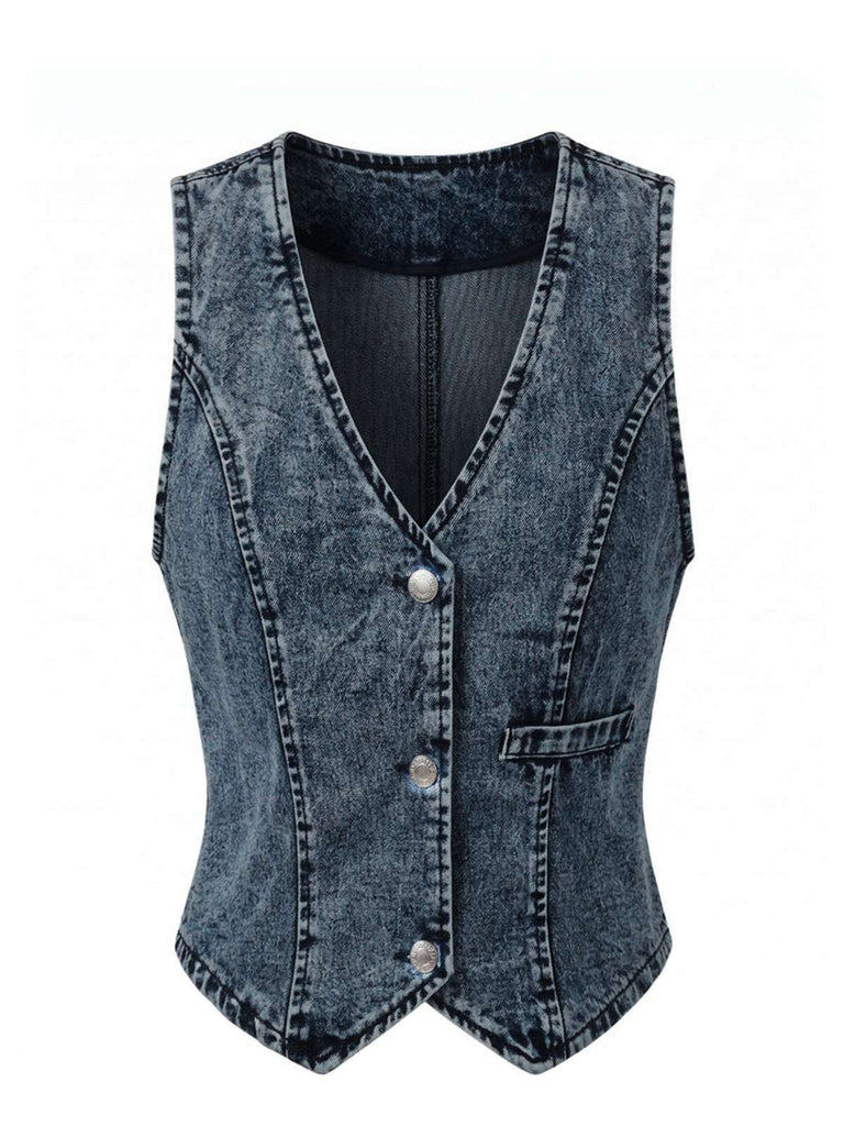 Haut bleu denim col V sans manches boutonné années 70