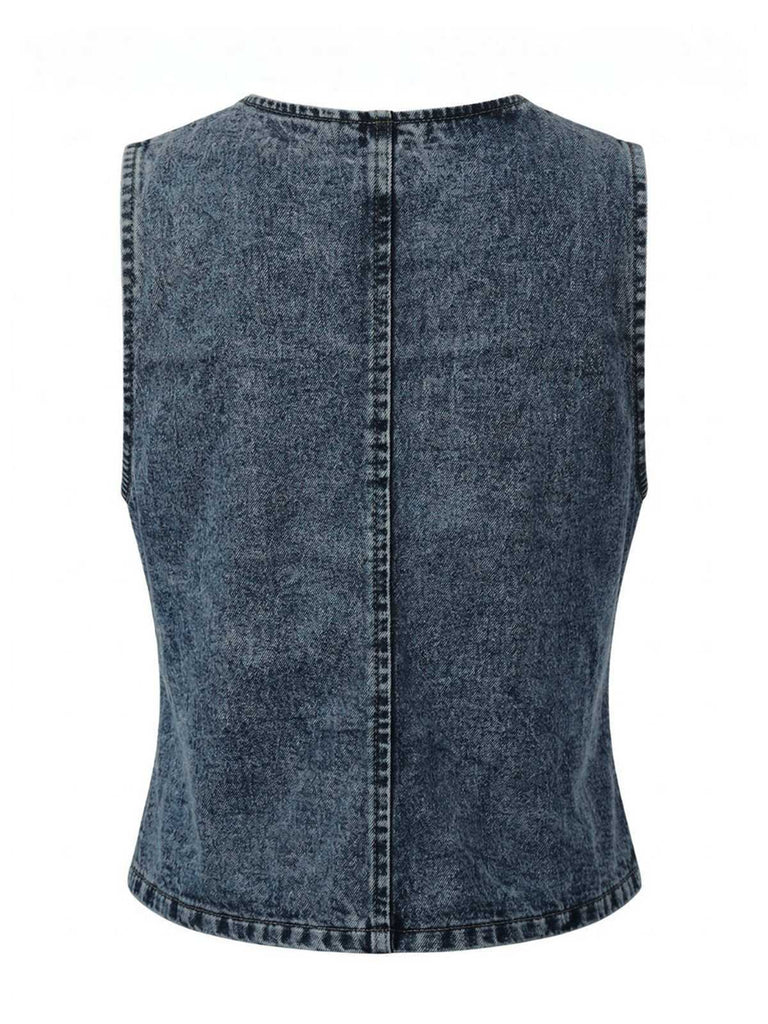 Haut bleu denim col V sans manches boutonné années 70