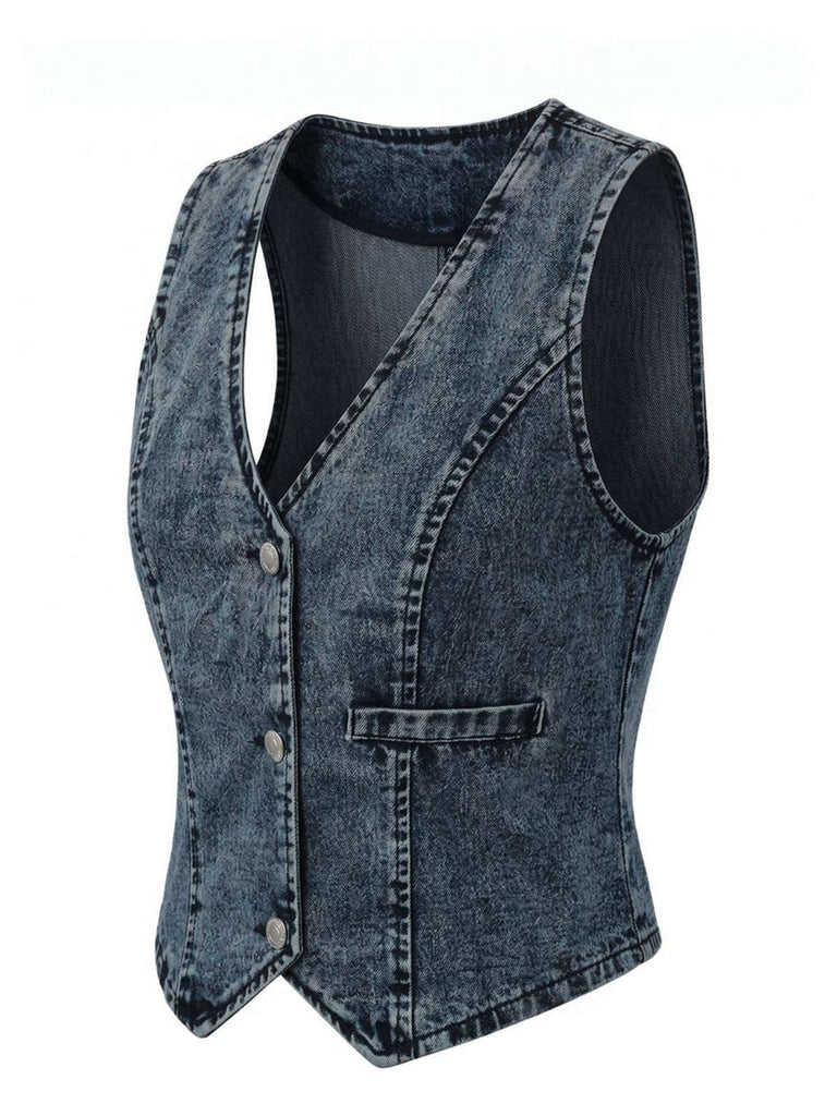 Haut bleu denim col V sans manches boutonné années 70