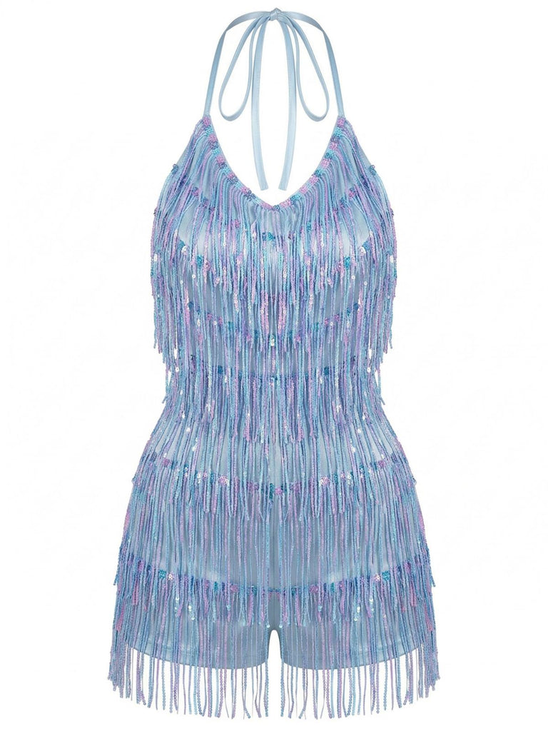 Combishort Bleu Halter à Paillettes et Franges Années '60 2