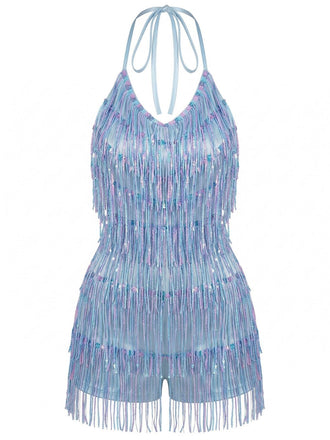 Combishort Bleu Halter à Paillettes et Franges Années '60 2