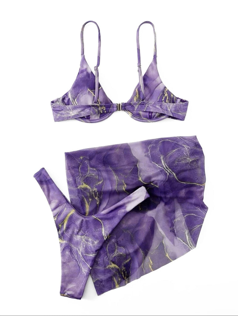 Violet Marbré Triangle Ensemble Bikini & Cache-Maillot Années 1980 5