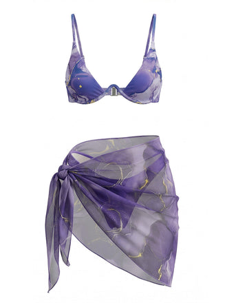 Violet Marbré Triangle Ensemble Bikini & Cache-Maillot Années 1980