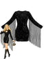 Robe noire sequins manches longues et franges ouverture forme goutte années 80
