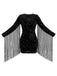 Robe noire à sequins, décolleté goutte d’eau, manches longues et franges années 1980