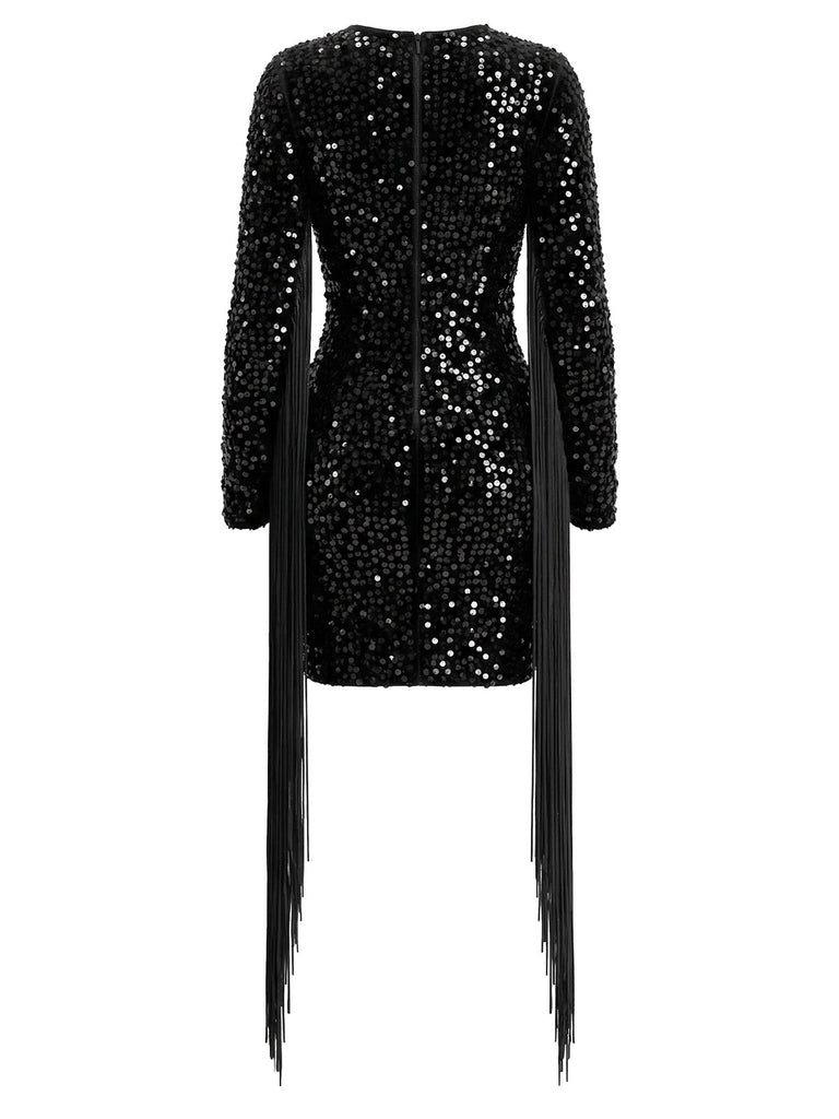 Robe noire à sequins, décolleté goutte d’eau, manches longues et franges années 1980