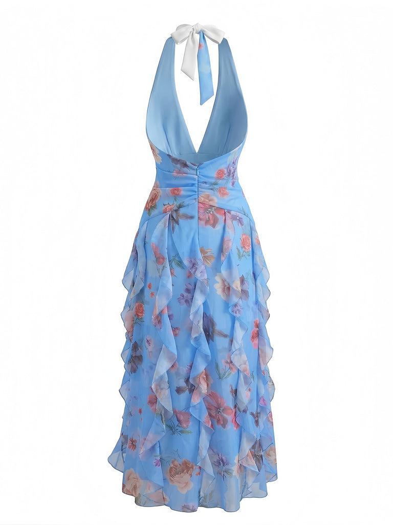 Floral Halter Col V Volants Plissé Robe Années 1930 3