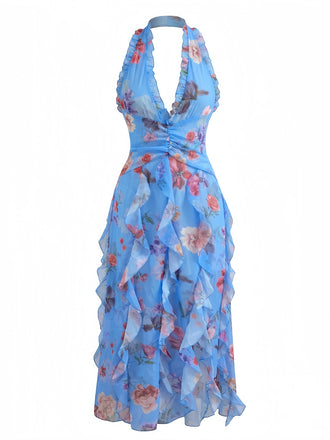Floral Halter Col V Volants Plissé Robe Années 1930 2