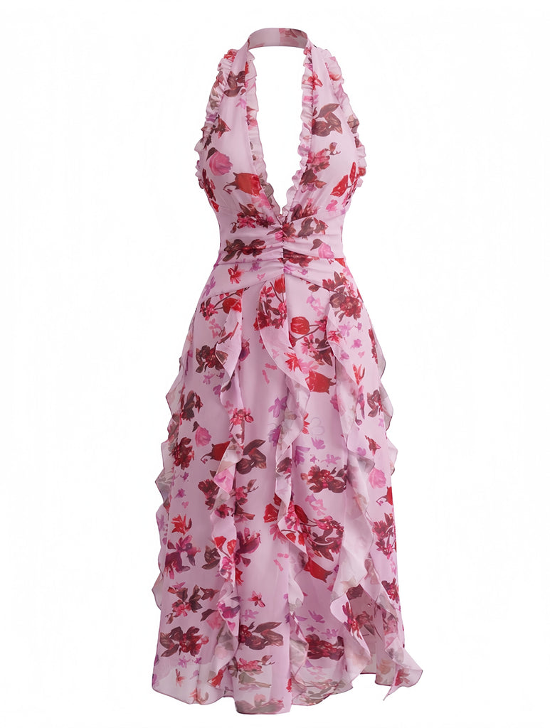 Floral Halter Col V Volants Plissé Robe Années 1930 4