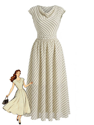 Robe Évasée Beige en Mousseline à Rayures Col Cascadé Années '50
