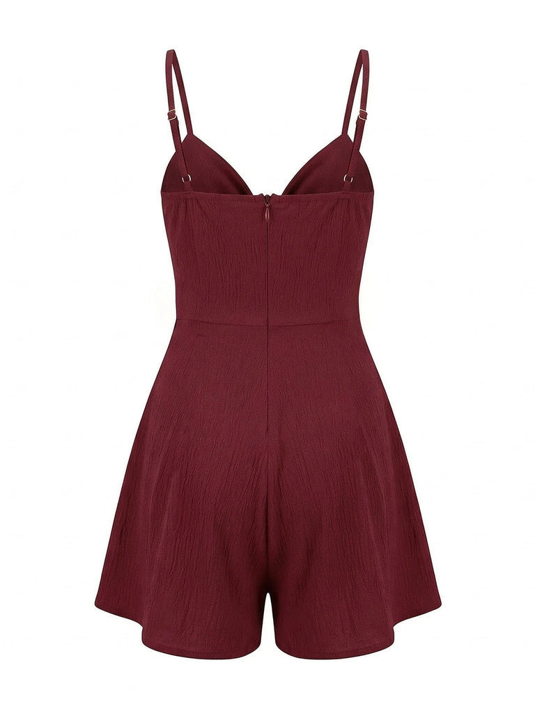 Combishort Rouge Uni à Bretelles Fines avec Nœud et Texture Années '50 5