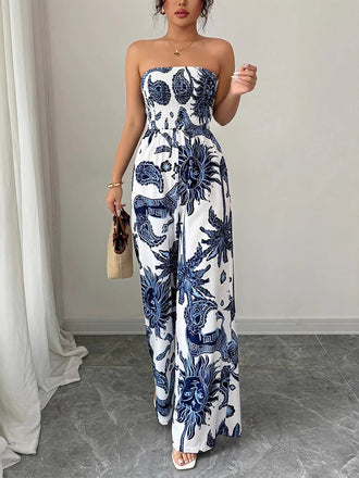 Combinaison Bleue Bustier à Imprimé Céleste et Fronces Années '70 4