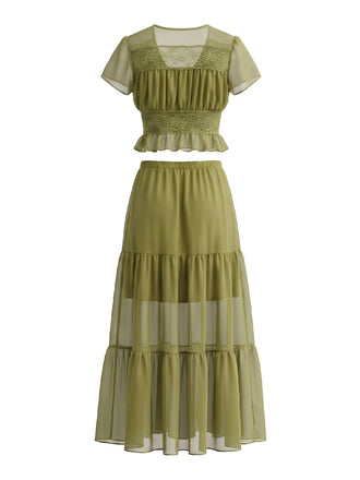 Ensemble 2 Pièces 2PCS Olive en Dentelle Crop & Transparent Maxi Set Années 1940 2