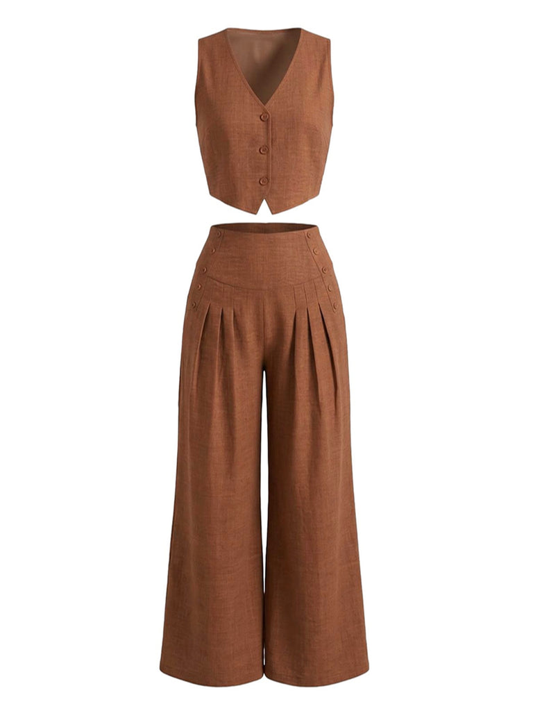 2PCS Gilet col V et pantalon large marron années 1940