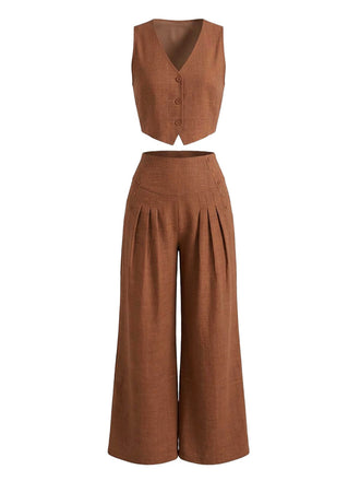 2PCS Gilet col V et pantalon large marron années 1940