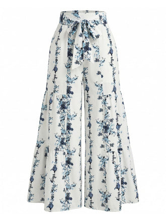 Pantalon Ourlet à Volants Boho Floral Gris Années 70