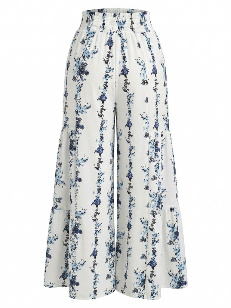 Pantalon Ourlet à Volants Boho Floral Gris Années 70
