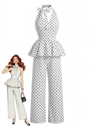Ensemble à Pois PéPrune Dos Nu & Jambes Larges Années 1950