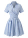 Robe bleue rayures verticales col Johnny croisé années 1950