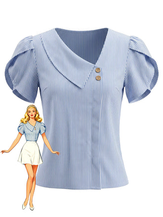 Blouse Col V à Rayures Bleu Clair Années 1960