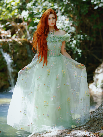 Robe bustier résille brodée fleurs verte années 30