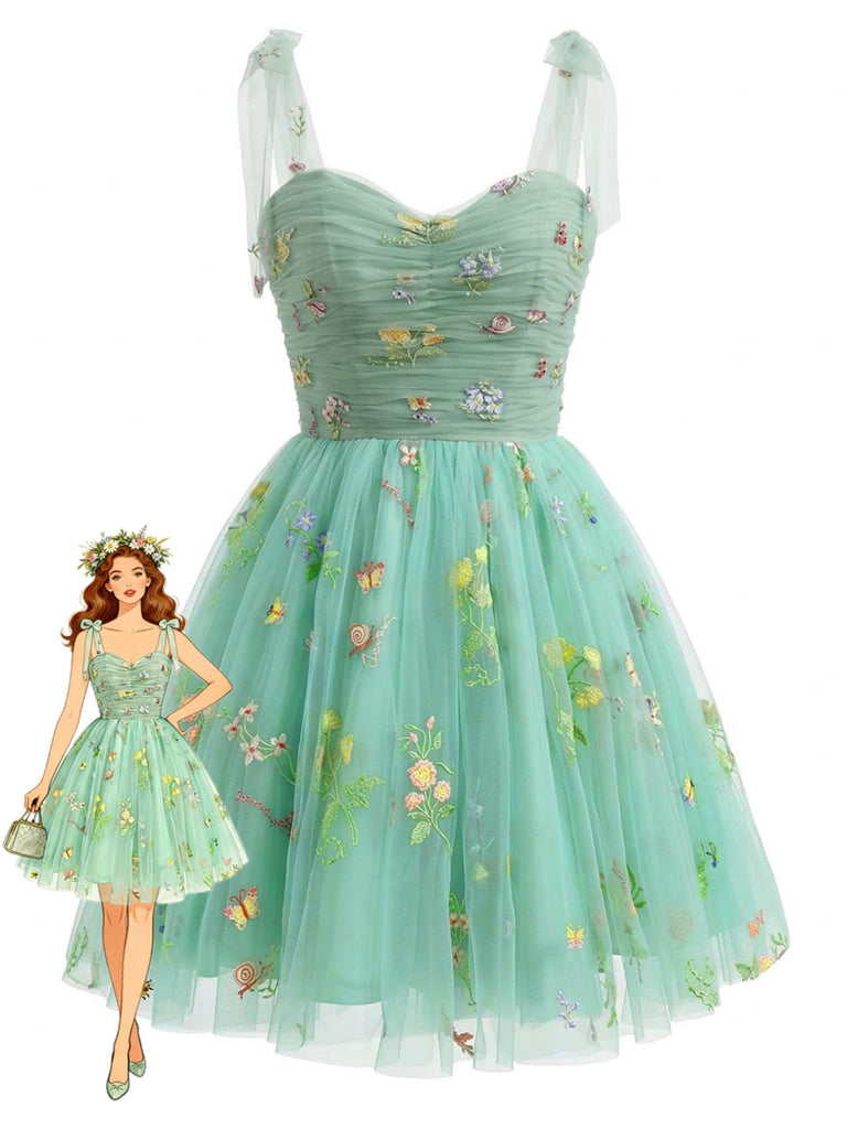 Robe tutu tulle brodée fleurs vertes années 1960
