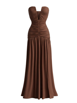 Robe longue décolleté V profond détails drapés sans bretelles et dotée d'une fente haute années 70