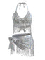 Ensemble bikini et paréo franges et sequins holographiques argentés années 1970