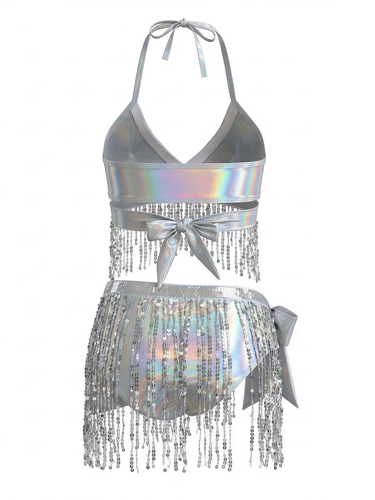 Argent Holographique Sequin Franges Ensemble Bikini & Cache-Maillot Années 1970 2