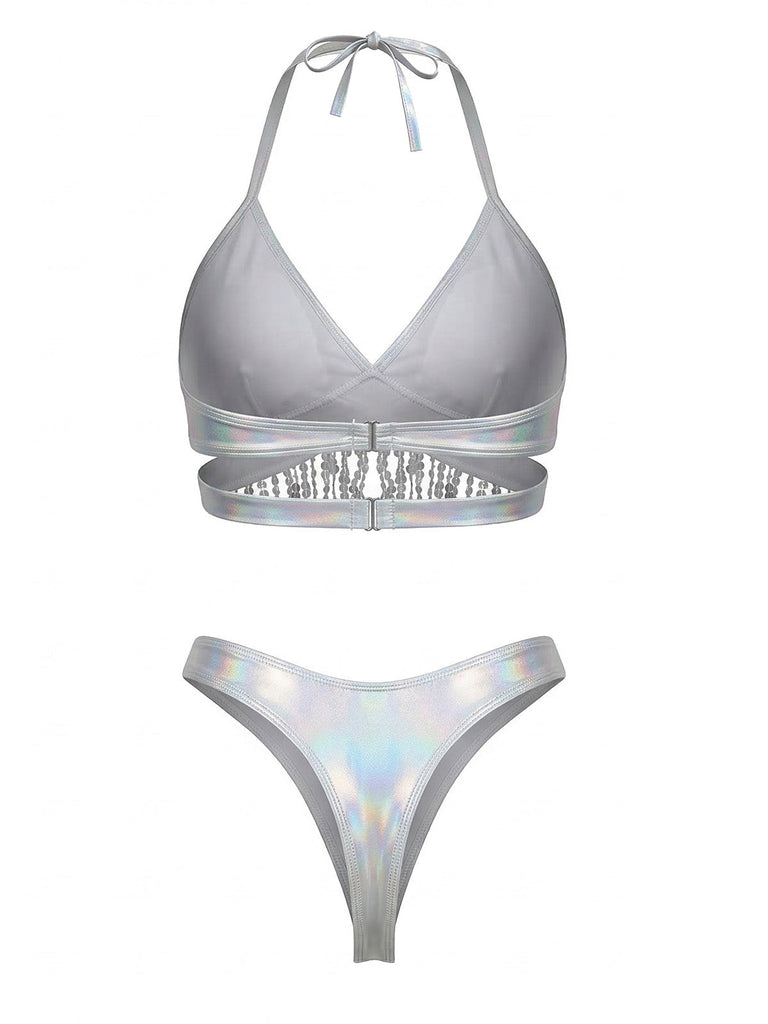 Argent Holographique Sequin Franges Ensemble Bikini & Cache-Maillot Années 1970 6