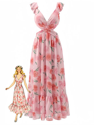 Robe longue rose mousseline fleurs décolleté en V profond et dos nu années 1930