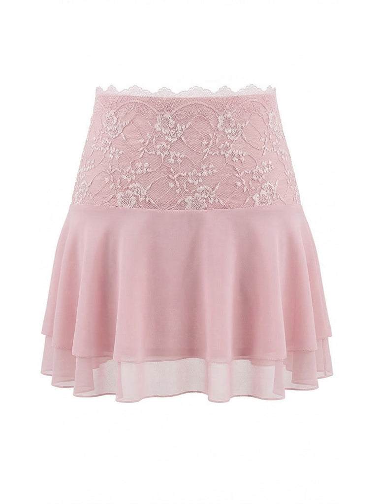 Rose Dentelle Brodé Mini Jupe Années 1980