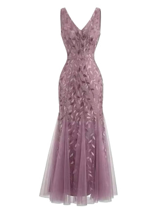 Robe Slim Sans Manches Col V à Broderie et Tulle Années '30 2