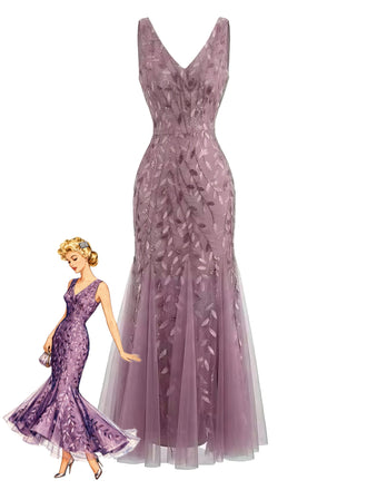 Robe Slim Sans Manches Col V à Broderie et Tulle Années '30